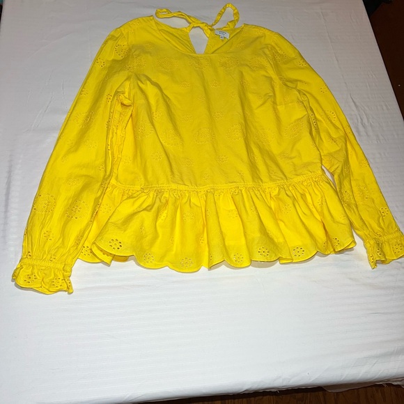 NWOT Crown and Ivy Yellow Eyelet Peplum Blouse | Tie Neck Long Sleeve - Picture 3 of 10